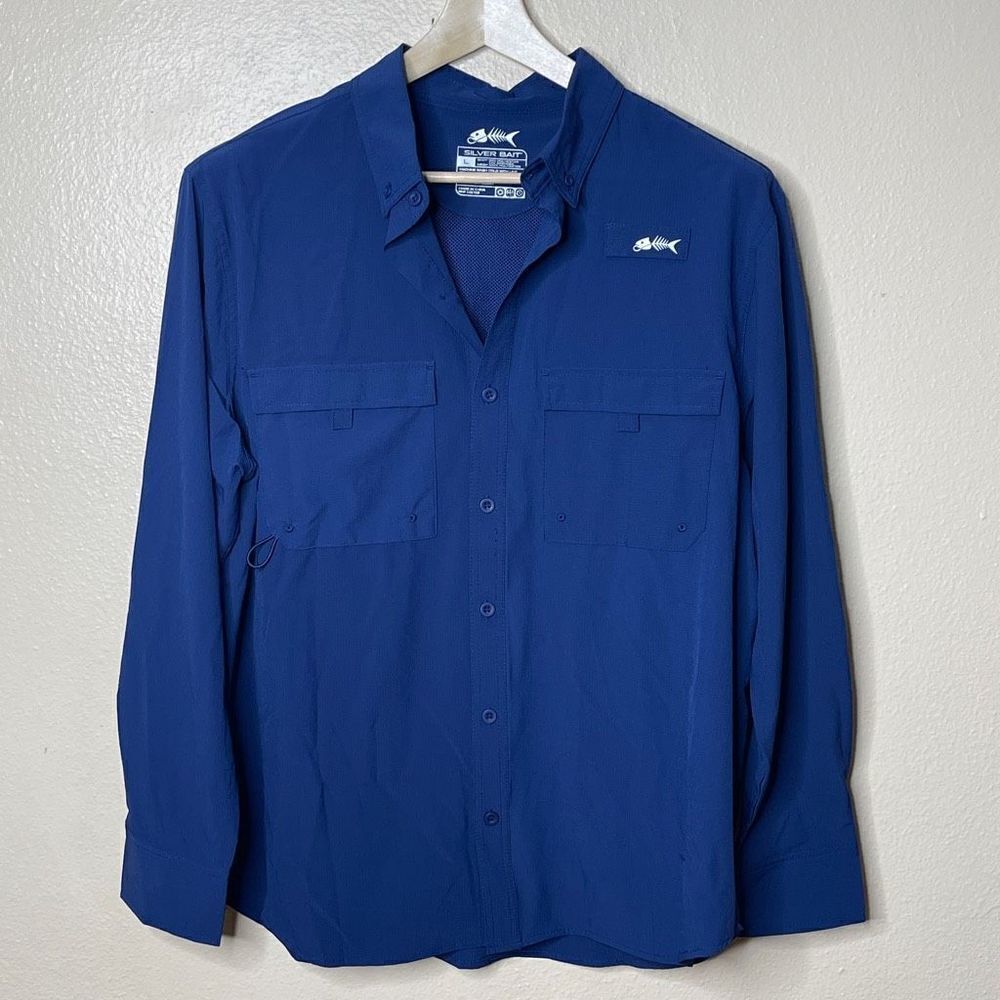 Silver Bait Shirt Men's Large Navy Blue Button Up Long Sleeve Fishing NWT